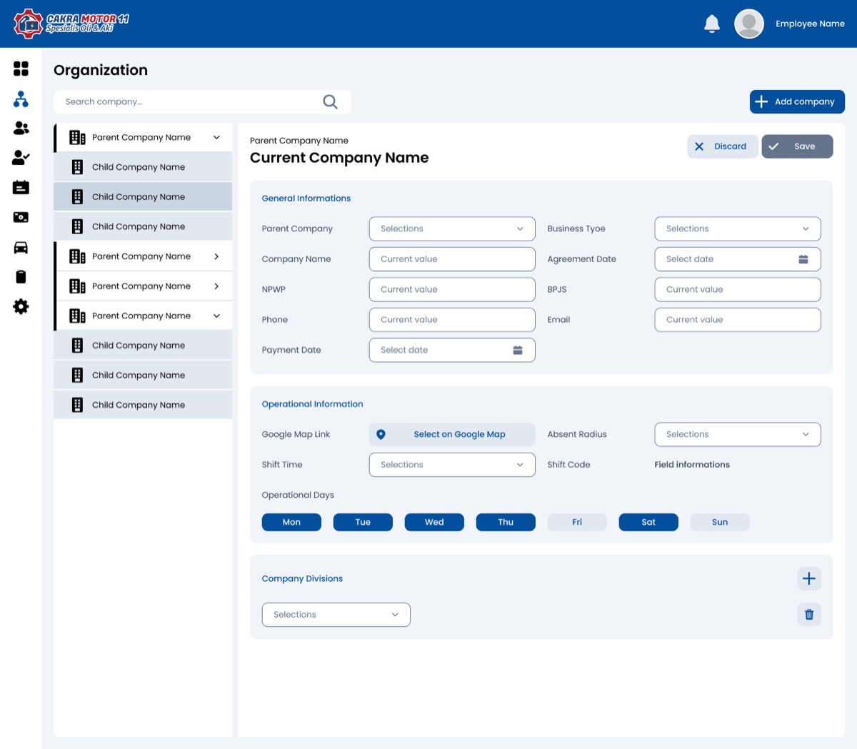 Cakra Motor HRIS organisation management interface